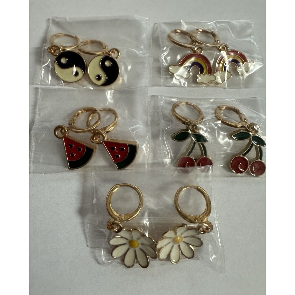5 Pairs Fun Dangle Earrings Set Cherry Daisy Rainbow Watermelon Yin Yang Enamel